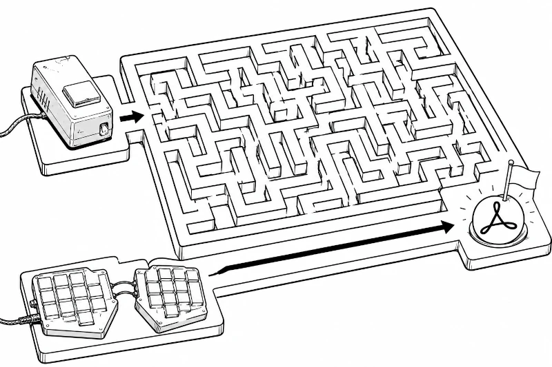 A line-art illustration of a device feeding a maze of manual controls into a PDF, contrasted with a programmable keypad