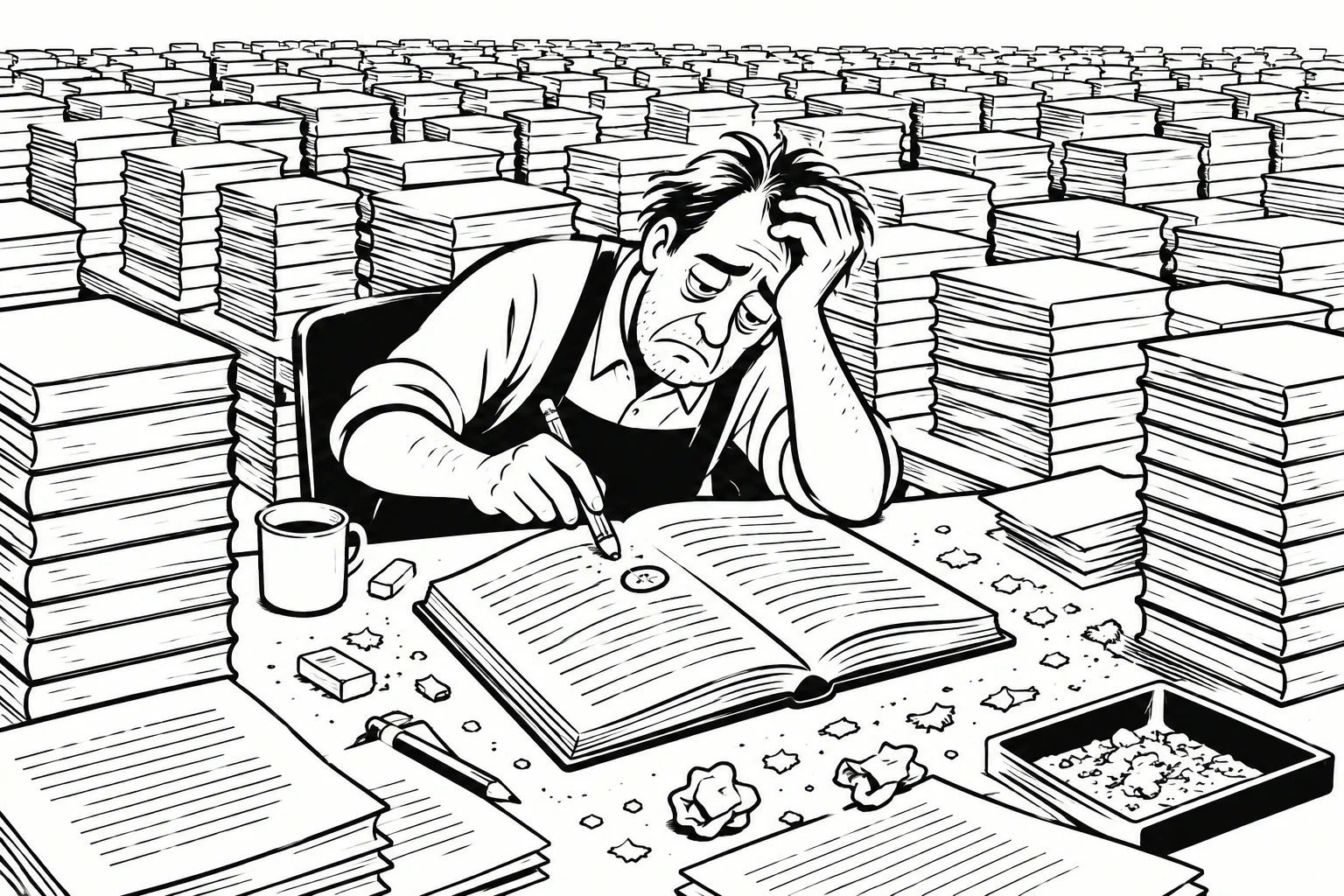 An exhausted typesetter sits at a workbench surrounded by thousands of identical printed copies, with a tiny typo circled in an open book. The vast stacks of copies emphasize the cost of discovering an error after printing.