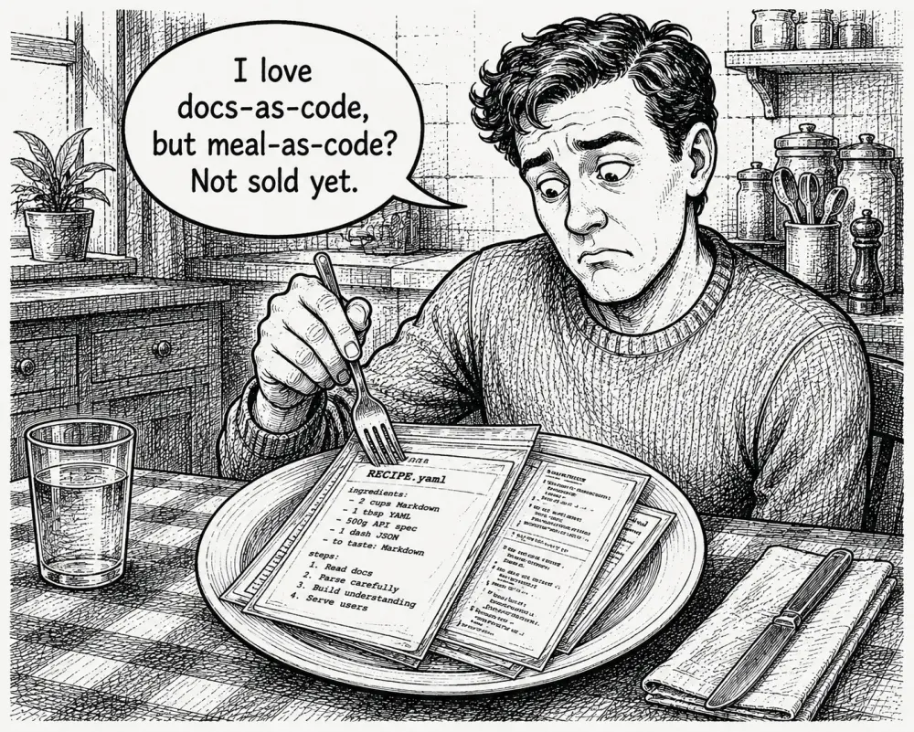 A man at a dinner table eyes a plate stacked with printed RECIPE.yaml pages, thinking 'I love docs-as-code, but meal-as-code? Not sold yet.'