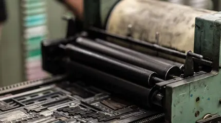 Close-up of an industrial printing press, its metal rollers and inked mechanics in sharp focus
