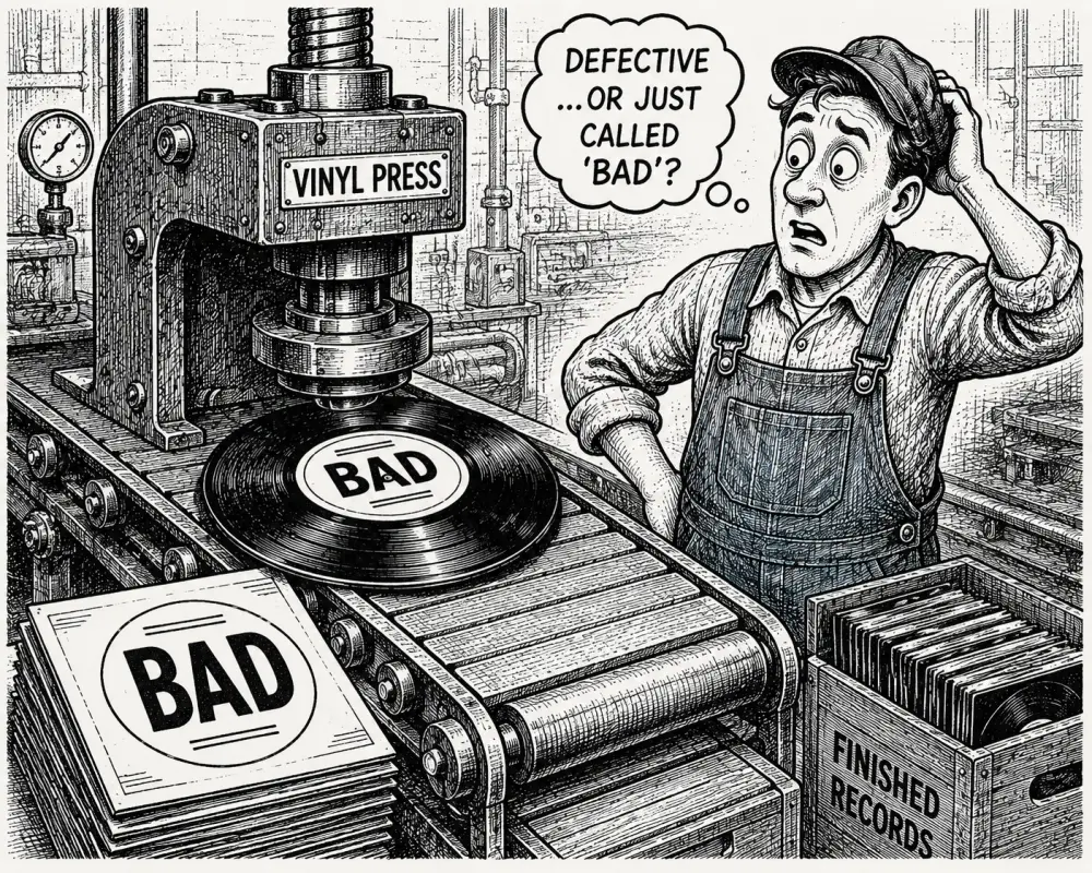 A vinyl record press stamps every record with a 'BAD' label while a puzzled worker wonders 'Defective, or just called BAD?'