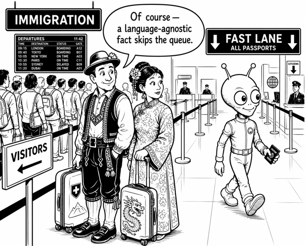 At airport immigration, a Swiss traveller and a Chinese traveller wait in the 'Visitors' queue while an alien walks to the 'Fast Lane - all passports' desk, saying 'Of course - a universally-compatible interface skips the queue.'