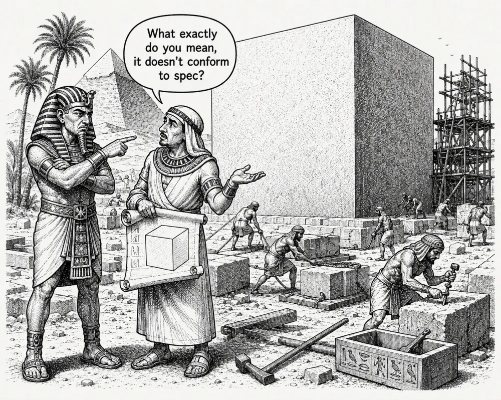Pen-and-ink cartoon on an ancient Egyptian building site: a stern pharaoh, arms crossed, points accusingly at a monument under construction while an architect clutching a papyrus blueprint of a cube spreads his hands and protests, in a speech bubble, 'What exactly do you mean, it doesn't conform to spec?' Workers haul and chisel stone blocks in the background.