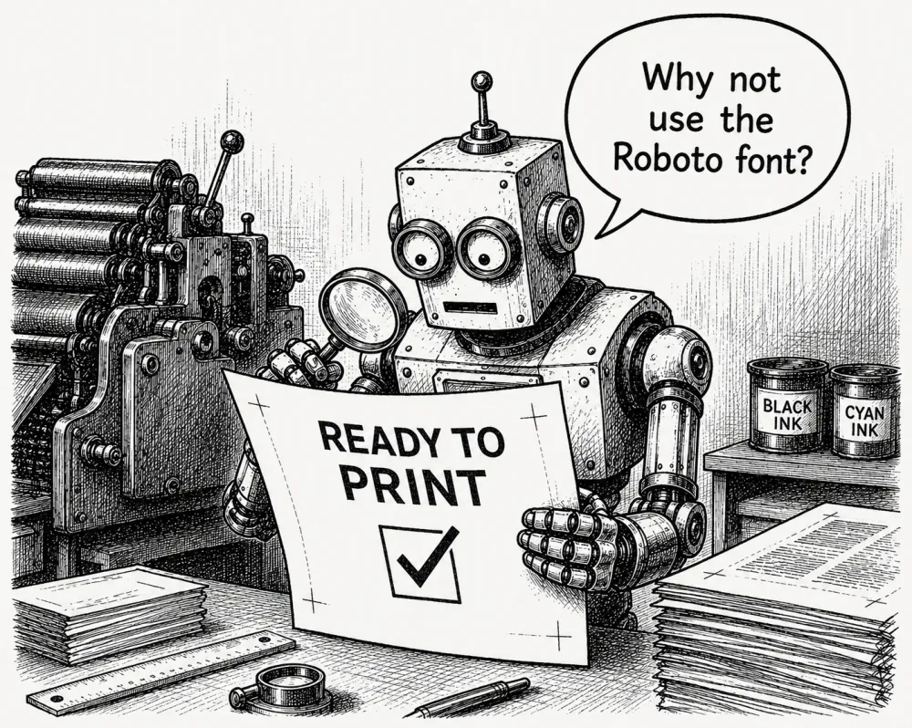 A robot proofreader at a letterpress inspects a checked 'Ready to Print' proof with a magnifying glass, asking in a speech bubble 'Why not use the Roboto font?'