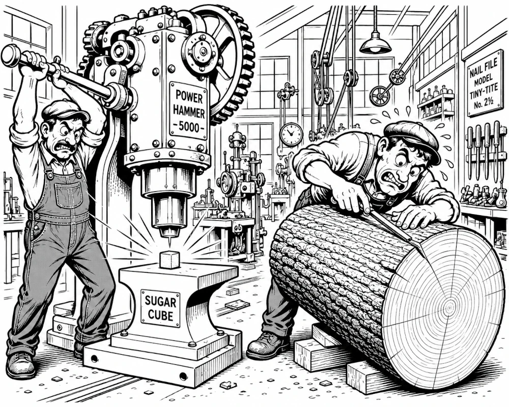 Cartoon in a workshop: on the left a worker drives a giant 'POWER HAMMER 5000' down onto a tiny SUGAR CUBE on an anvil; on the right another worker strains to shave down a massive tree log with a tiny 'NAIL FILE MODEL TINY-TITE No. 2 1/2': two opposite mismatches of tool to job.